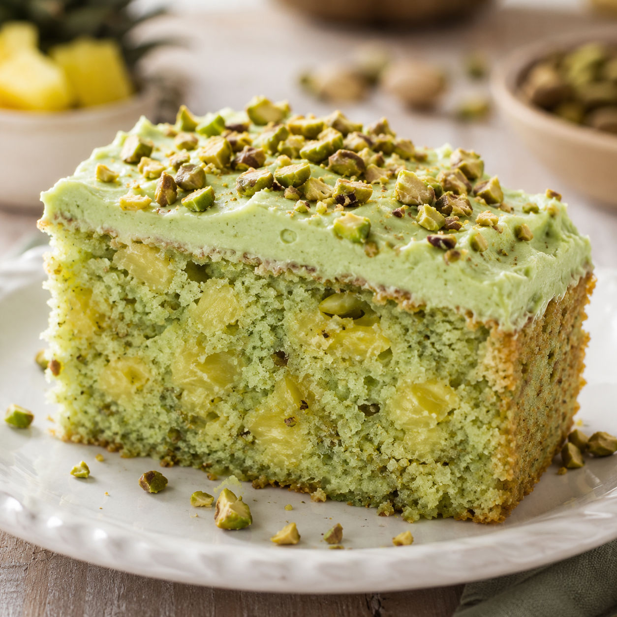 Slice of pistachio pineapple cake with cream cheese frosting and chopped pistachios
