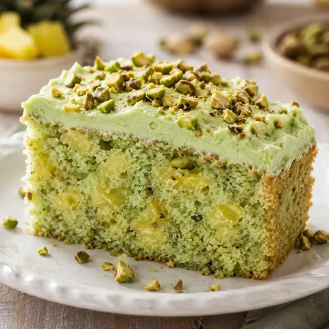 Slice of pistachio pineapple cake with cream cheese frosting and chopped pistachios