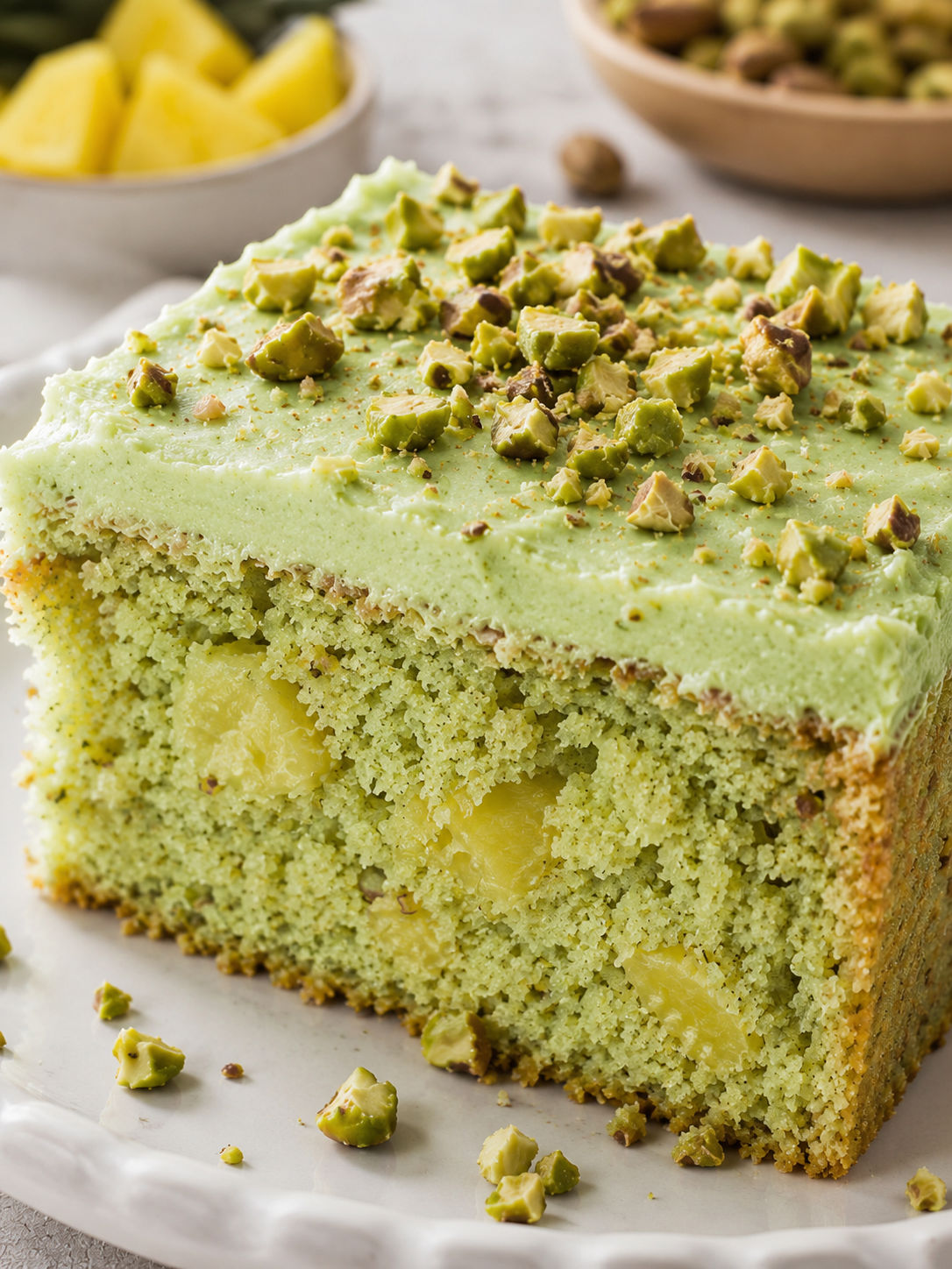 Moist Pistachio Pineapple Cake, plated and served