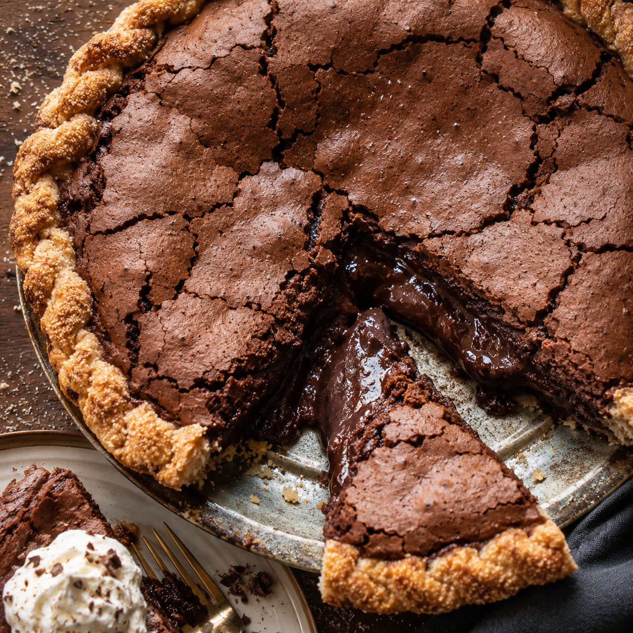Molten Chocolate Crackle Pie with crackled top and glossy fudge center