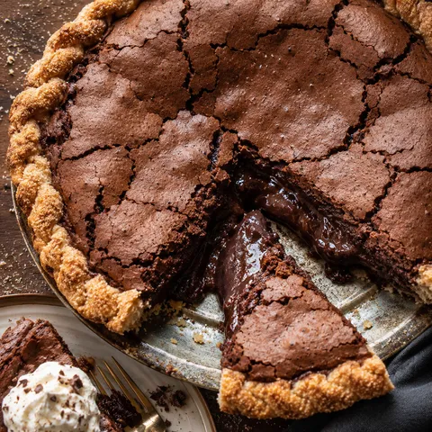 Molten Chocolate Crackle Pie with crackled top and glossy fudge center