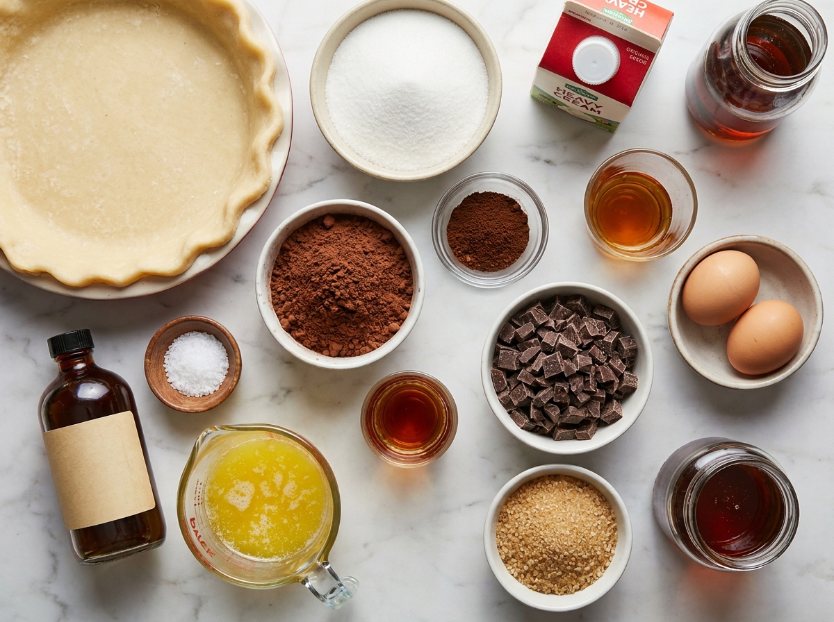 Ingredients for Molten Chocolate Crackle Pie with cocoa, eggs, crust, and chocolate