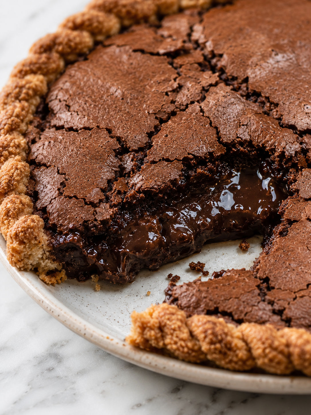 Molten Chocolate Crackle Pie, plated and served