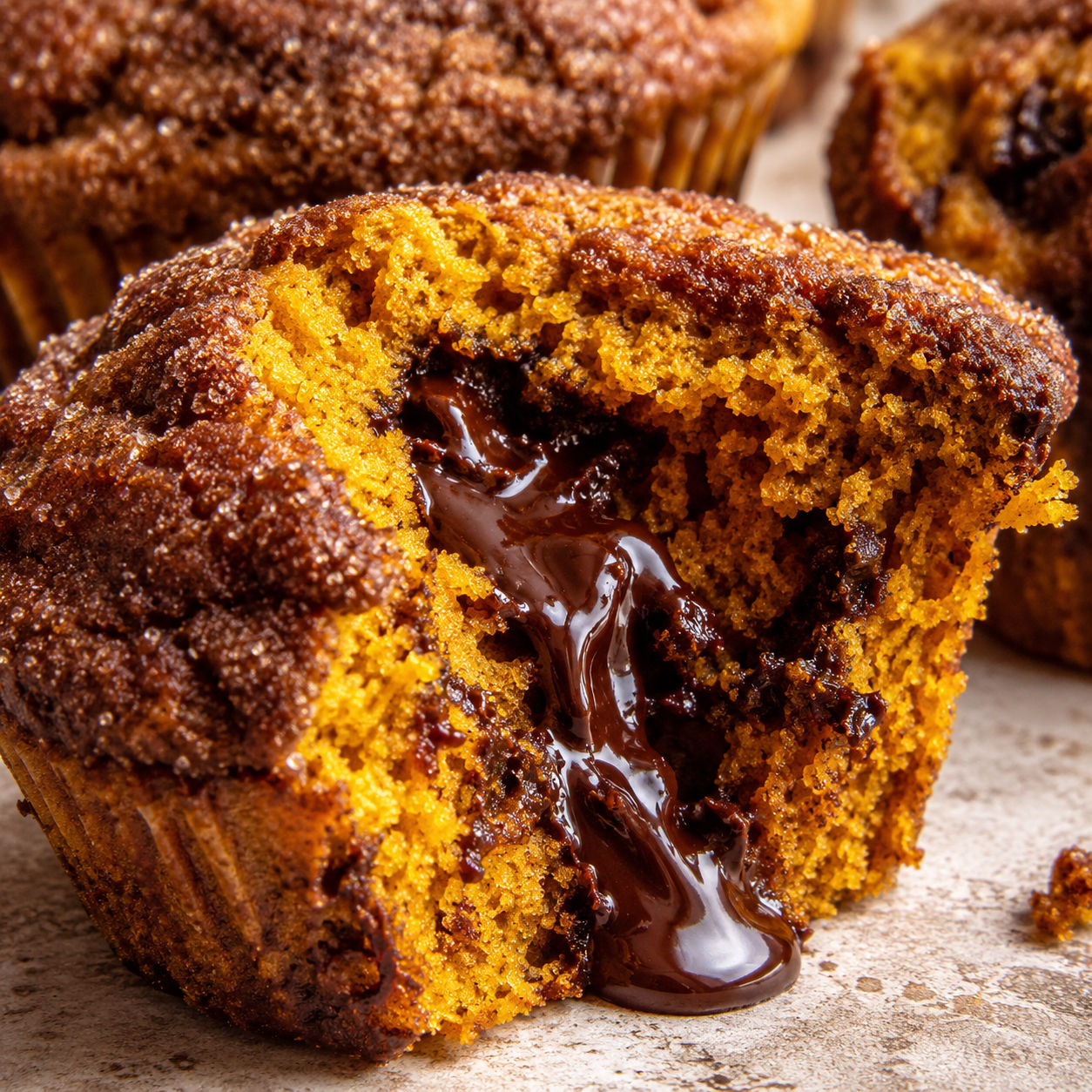 Molten chocolate pumpkin muffin split open with glossy chocolate center