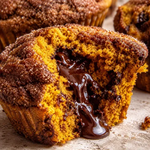 Molten chocolate pumpkin muffin split open with glossy chocolate center