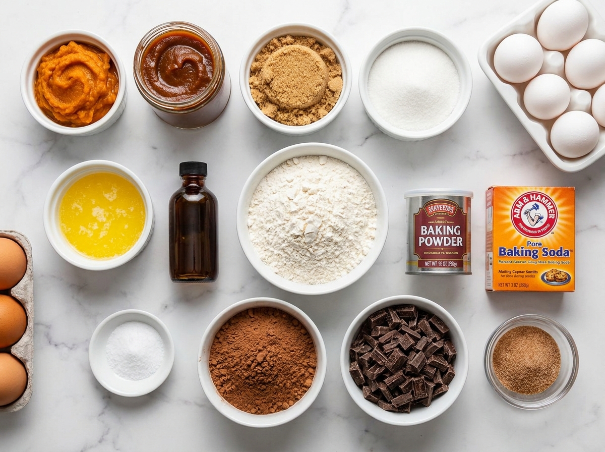 Ingredients for molten chocolate pumpkin muffins on a light counter