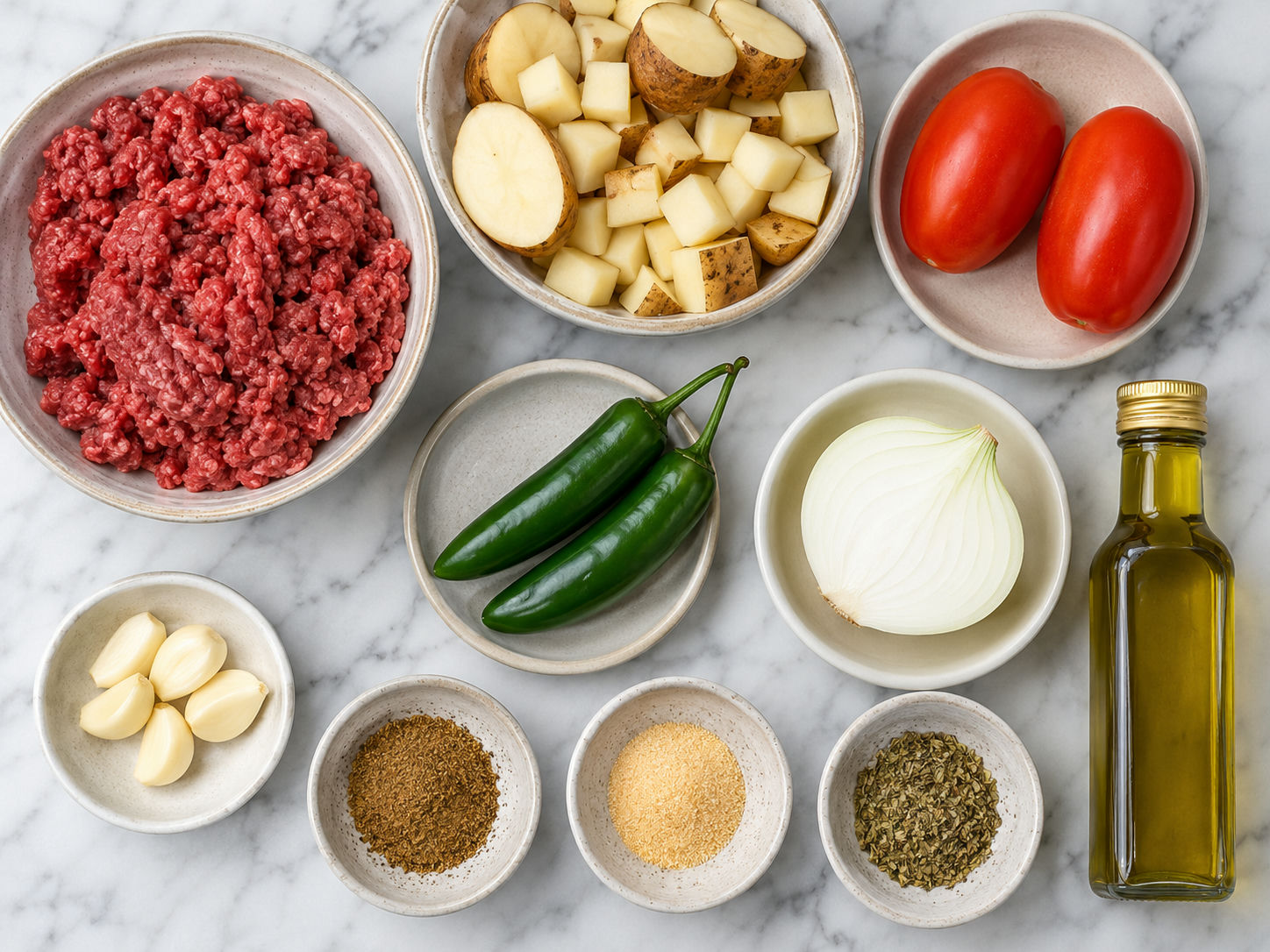 Raw ingredients for picadillo con papa including ground beef, potatoes, Roma tomatoes, serranos, and spices on wood