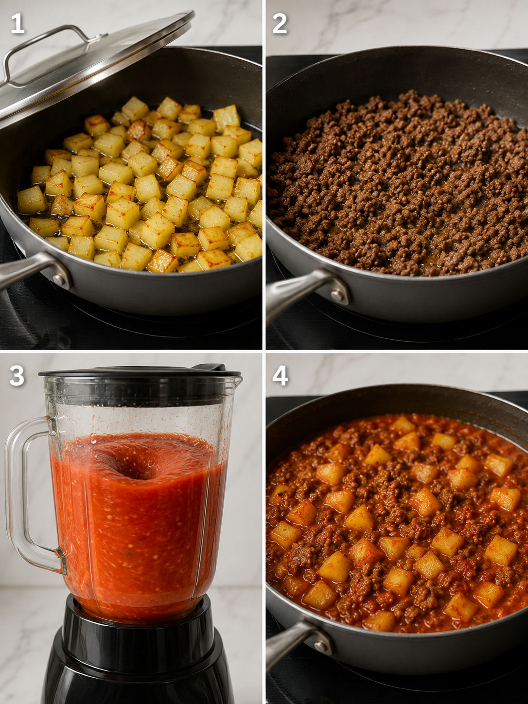 Four step-by-step panels showing how to make picadillo con papa from frying potatoes to simmering the finished dish