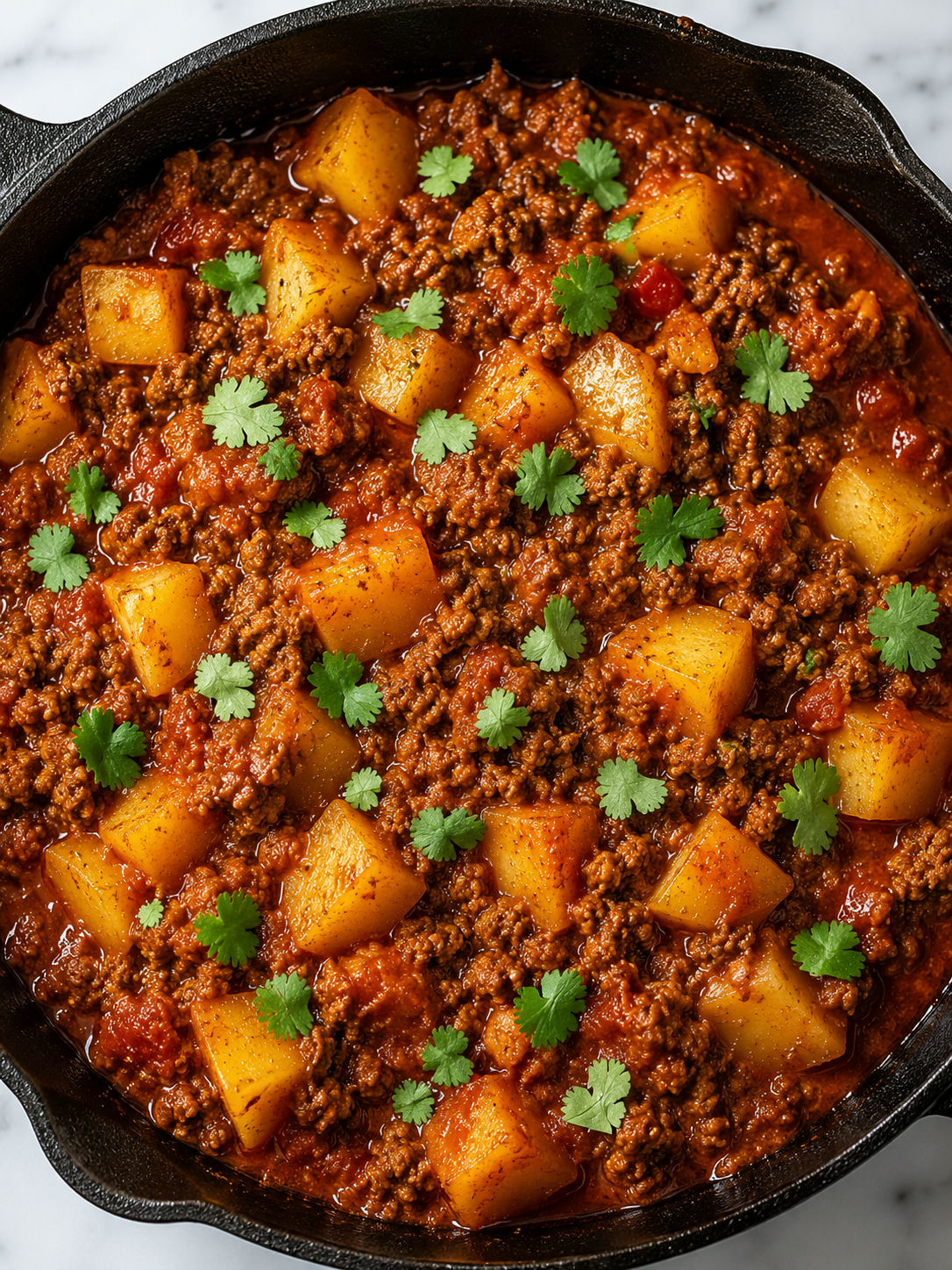 Skillet of picadillo con papa with seasoned ground beef, golden potatoes, and glossy red tomato sauce