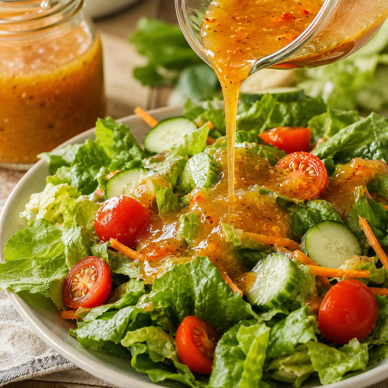 Sweet and tangy homemade salad dressing poured over crisp green salad