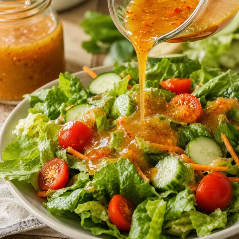 Sweet and tangy homemade salad dressing poured over crisp green salad