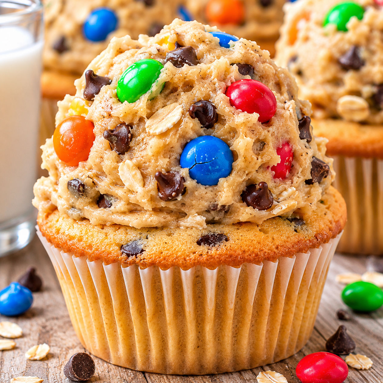 Monster Cookie Dough Cupcakes with candy pieces and chocolate chips
