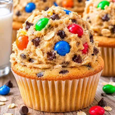 Monster Cookie Dough Cupcakes with candy pieces and chocolate chips