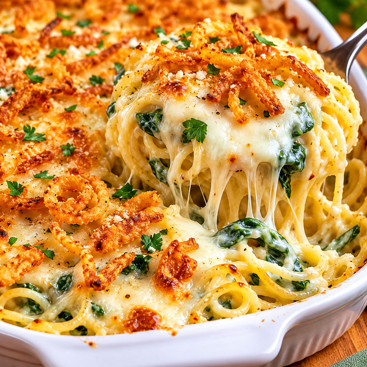 Monterey Spaghetti with spinach and crispy fried onions in a white baking dish
