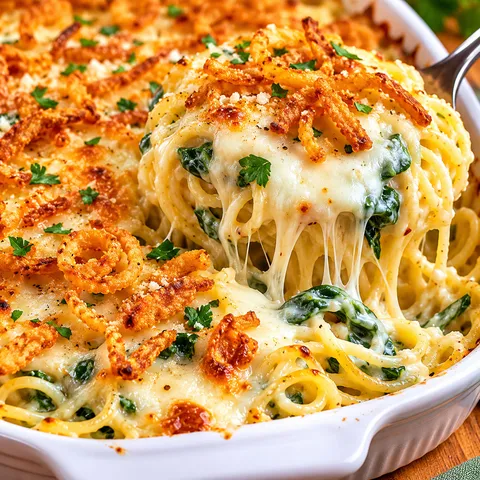 Monterey Spaghetti with spinach and crispy fried onions in a white baking dish