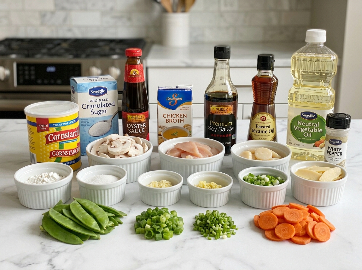 Raw ingredients for moo goo gai pan with chicken and fresh vegetables