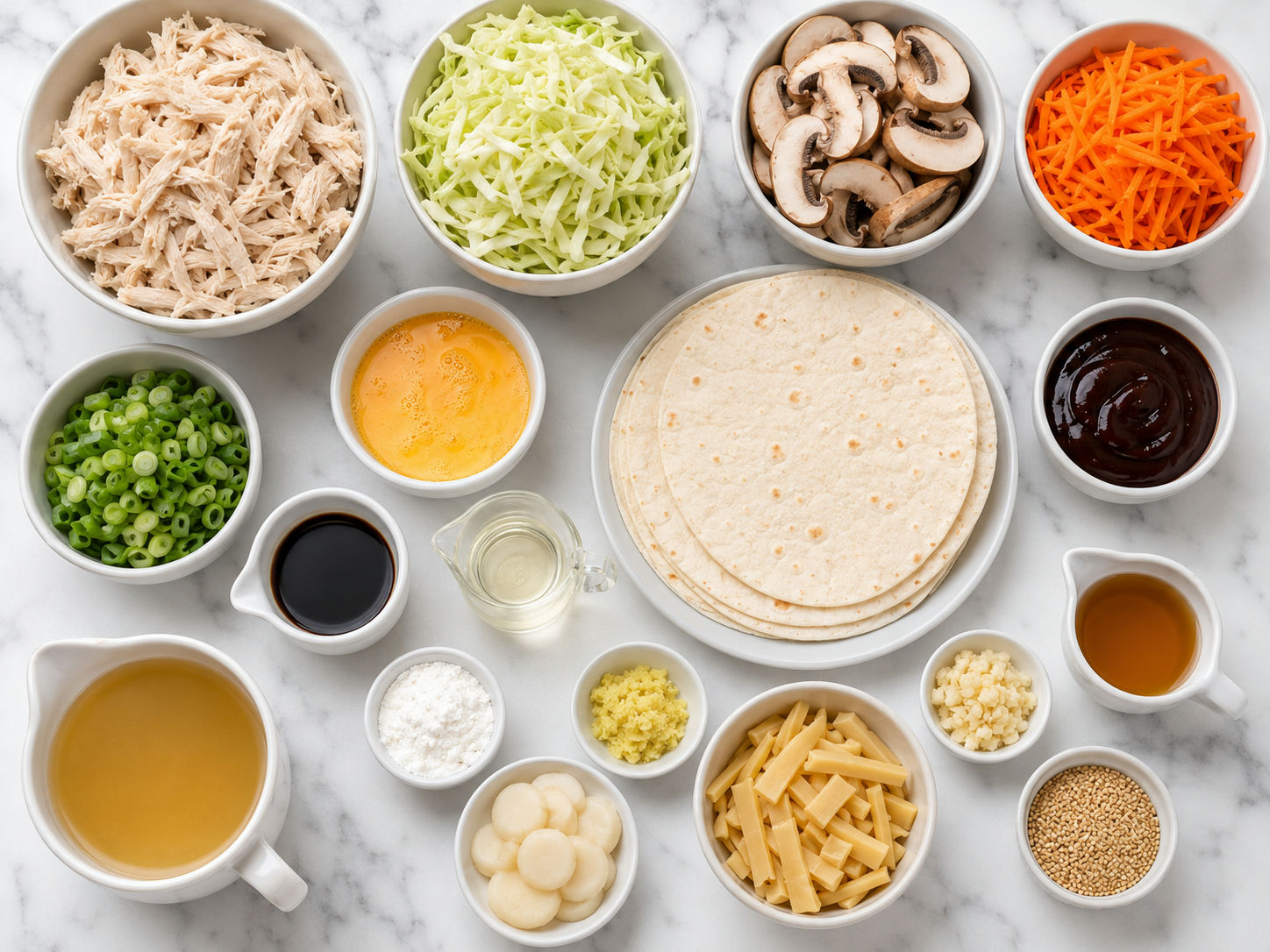 Ingredients for moo shu chicken casserole on a light wooden surface