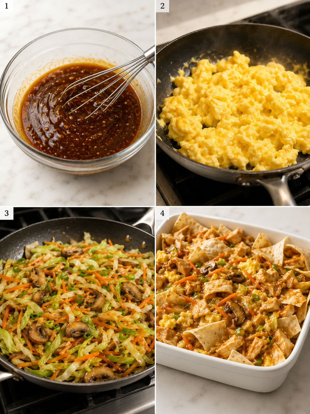 Four steps for making moo shu chicken casserole from sauce to baking dish