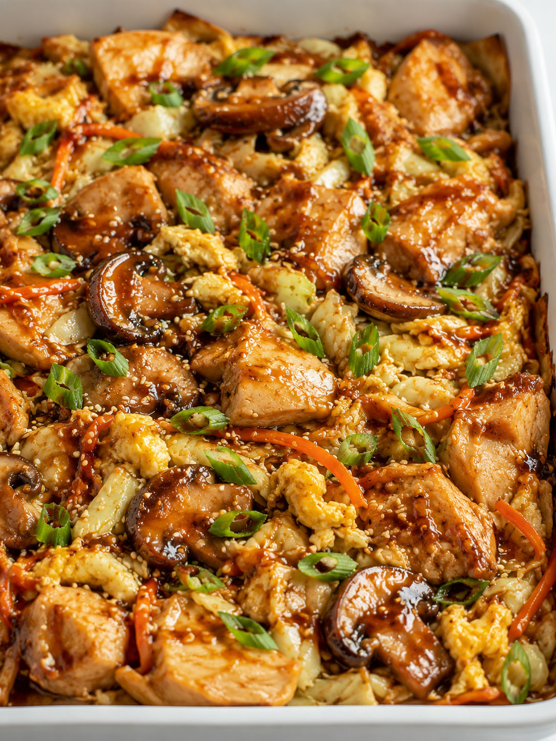 Saucy moo shu chicken casserole with scallions, sesame, and golden tortilla edges