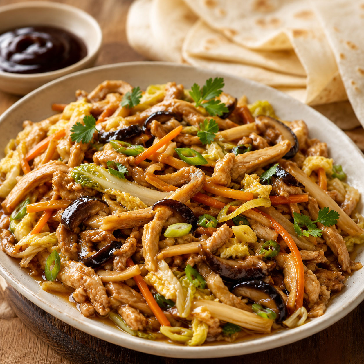 Moo shu chicken with vegetables, Mandarin pancakes, and hoisin sauce