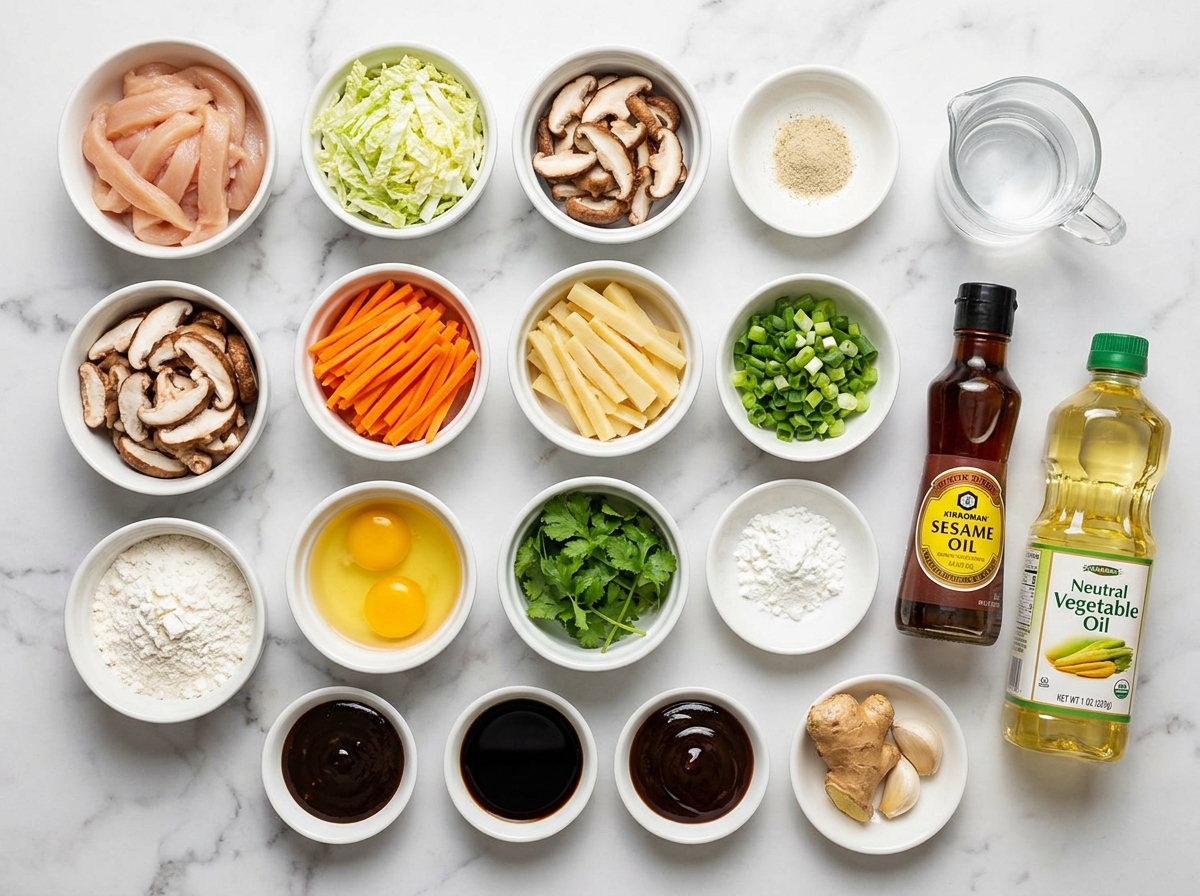 Ingredients for moo shu chicken with pancakes and fresh vegetables