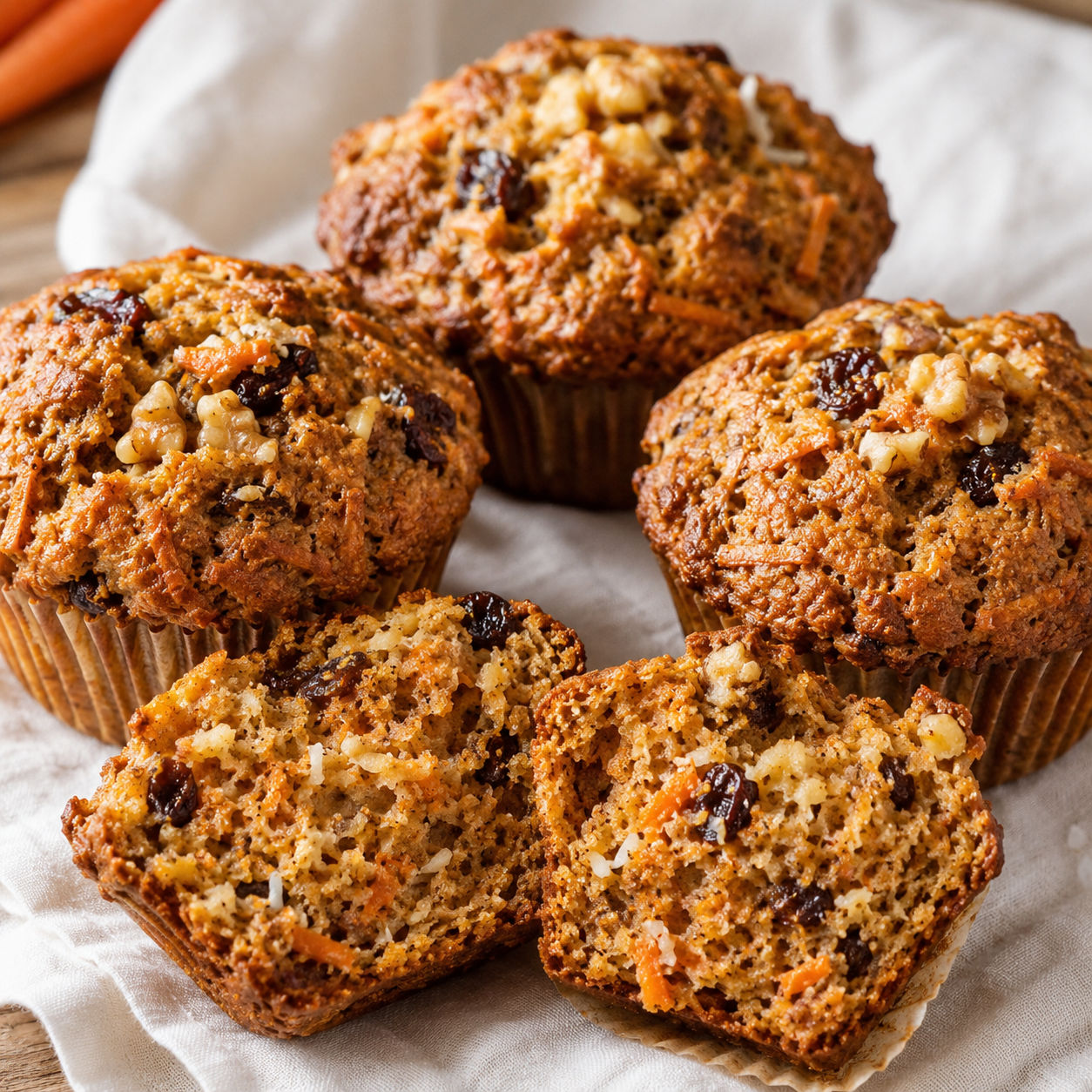 Morning Glory Muffins with carrot flecks, raisins, coconut, and walnuts