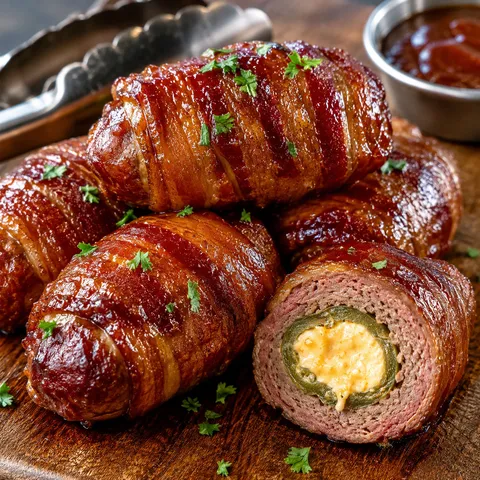 Glazed smoked armadillo eggs with bacon and creamy jalapeno filling