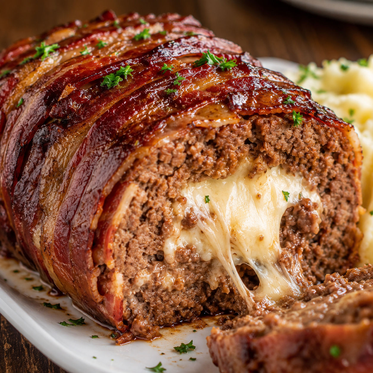 Bacon wrapped meatloaf sliced open with melted mozzarella center