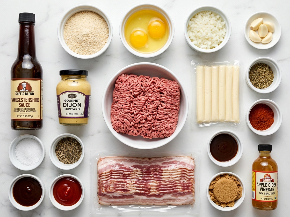 Ingredients for bacon wrapped mozzarella stuffed meatloaf on a wooden table