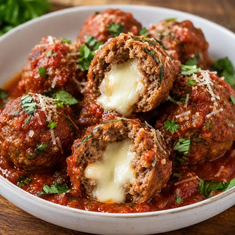 Mozzarella stuffed meatballs with herbs in marinara sauce