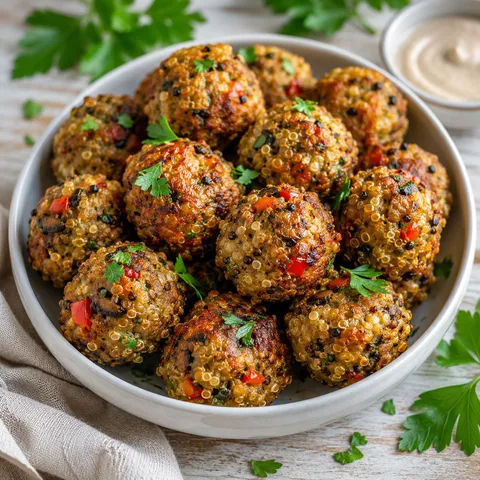 Golden mushroom quinoa red pepper veggie balls with parsley and dipping sauce