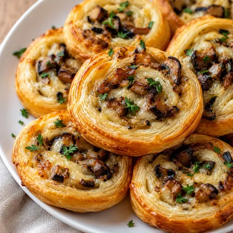 Golden mushroom puff pastry pinwheels on a white plate with thyme