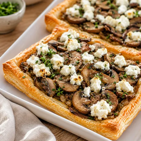 Mushroom goat cheese puff pastry tartlets with thyme and parsley