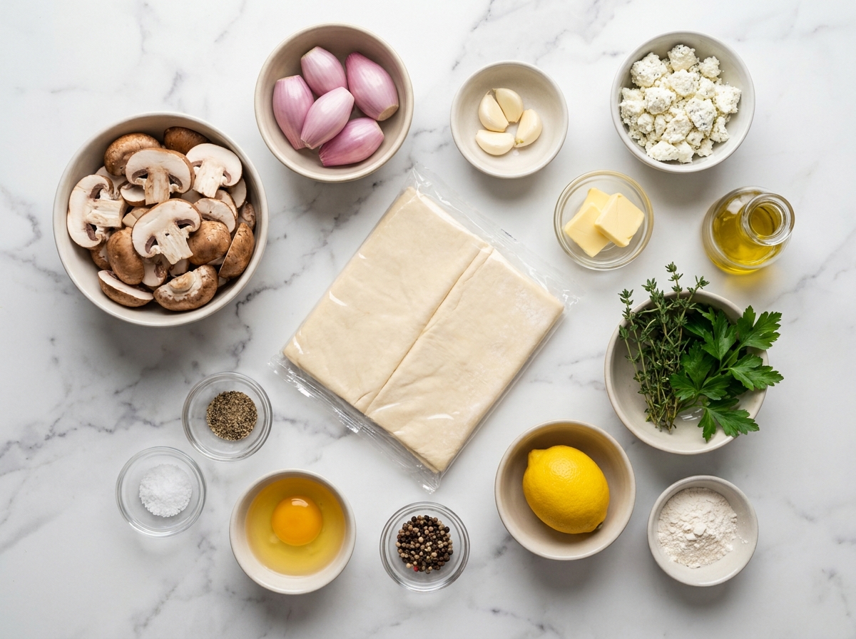 Ingredients for mushroom goat cheese puff pastry tarts on a wood surface
