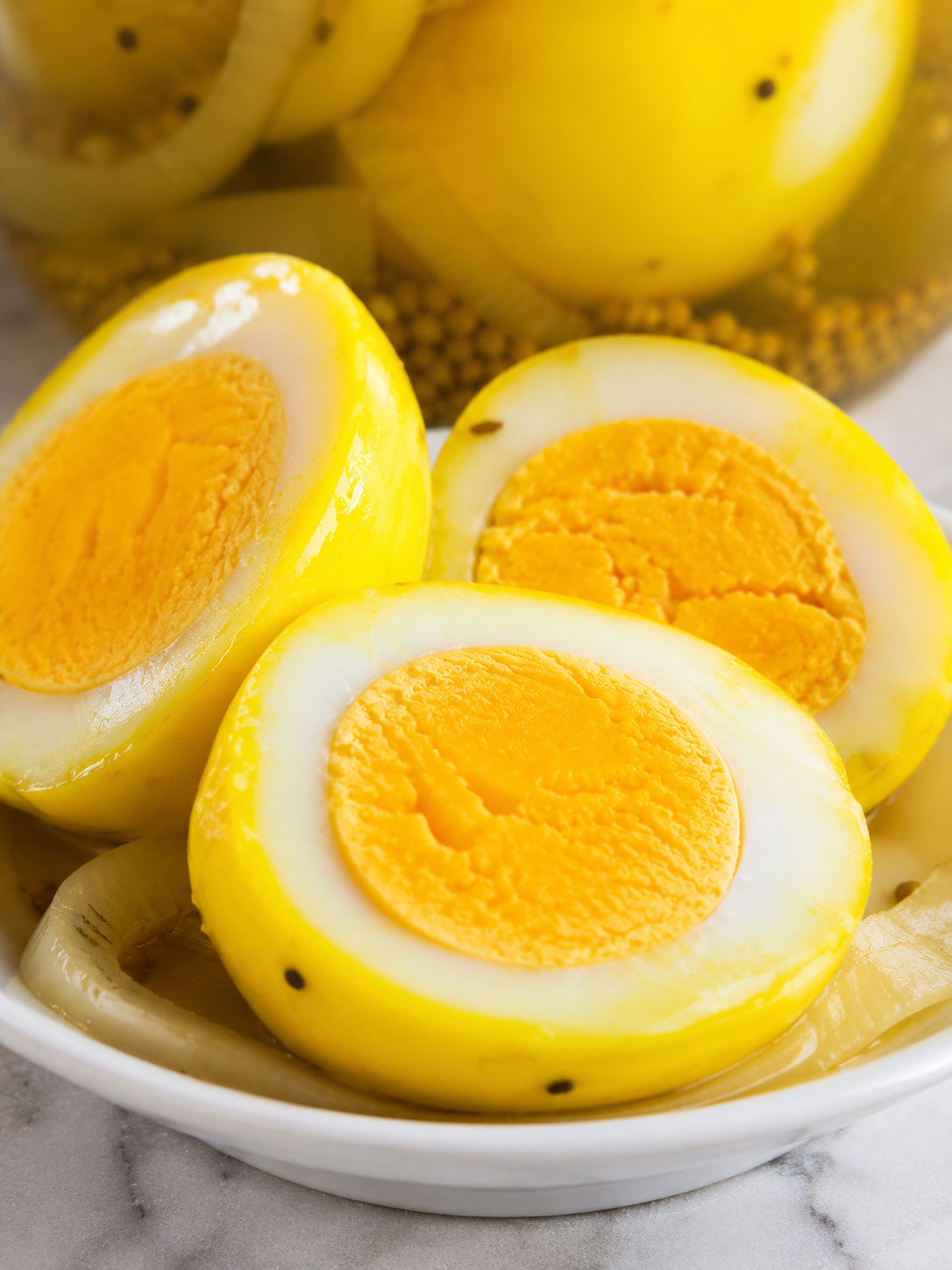 Mustard Pickled Eggs, plated and served