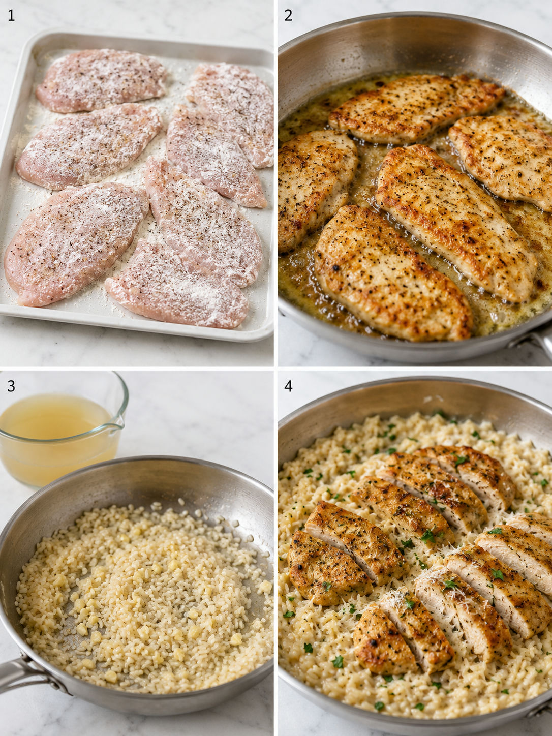 Four cooking steps for chicken scampi with garlic parmesan rice