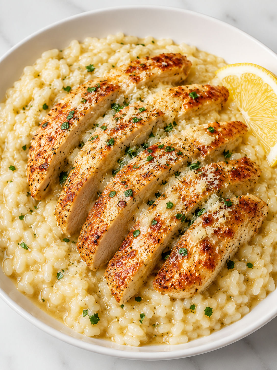 Golden chicken scampi over creamy garlic parmesan rice