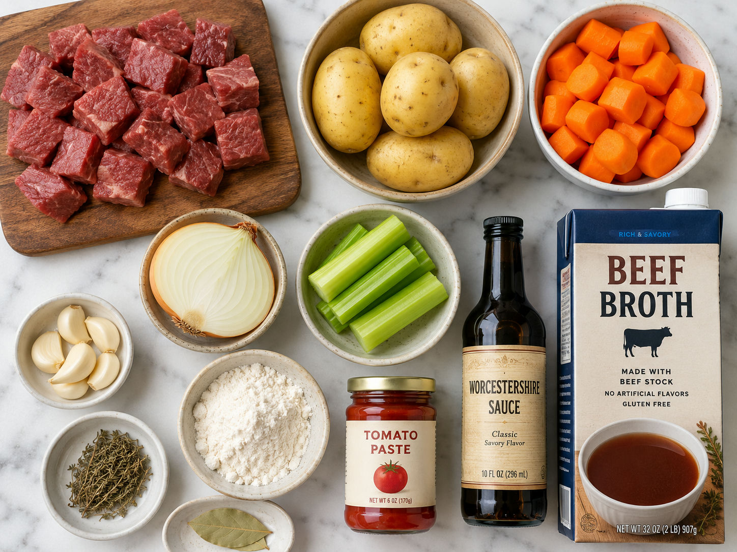 Raw ingredients for beef stew including chuck roast, Yukon Gold potatoes, carrots, and broth