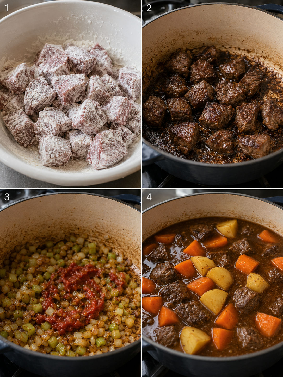 Four cooking steps for beef stew from flouring the beef to adding potatoes and carrots