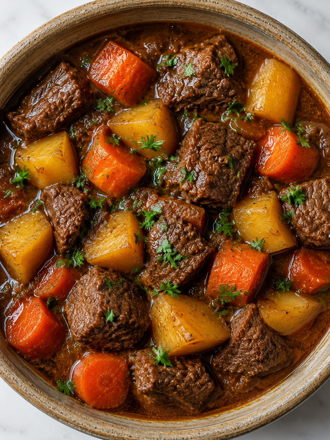 Overhead bowl of classic beef stew with tender beef, potatoes, and carrots in dark broth