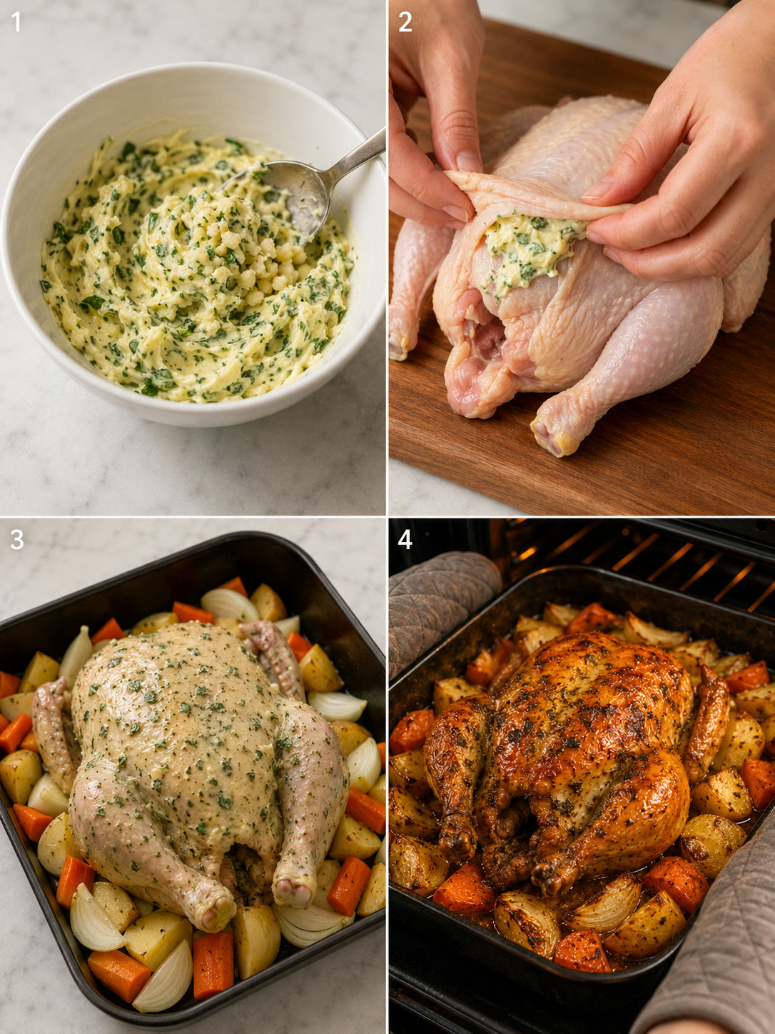 Four cooking steps for herb butter roasted chicken from mixing butter to pulling the golden bird from the oven