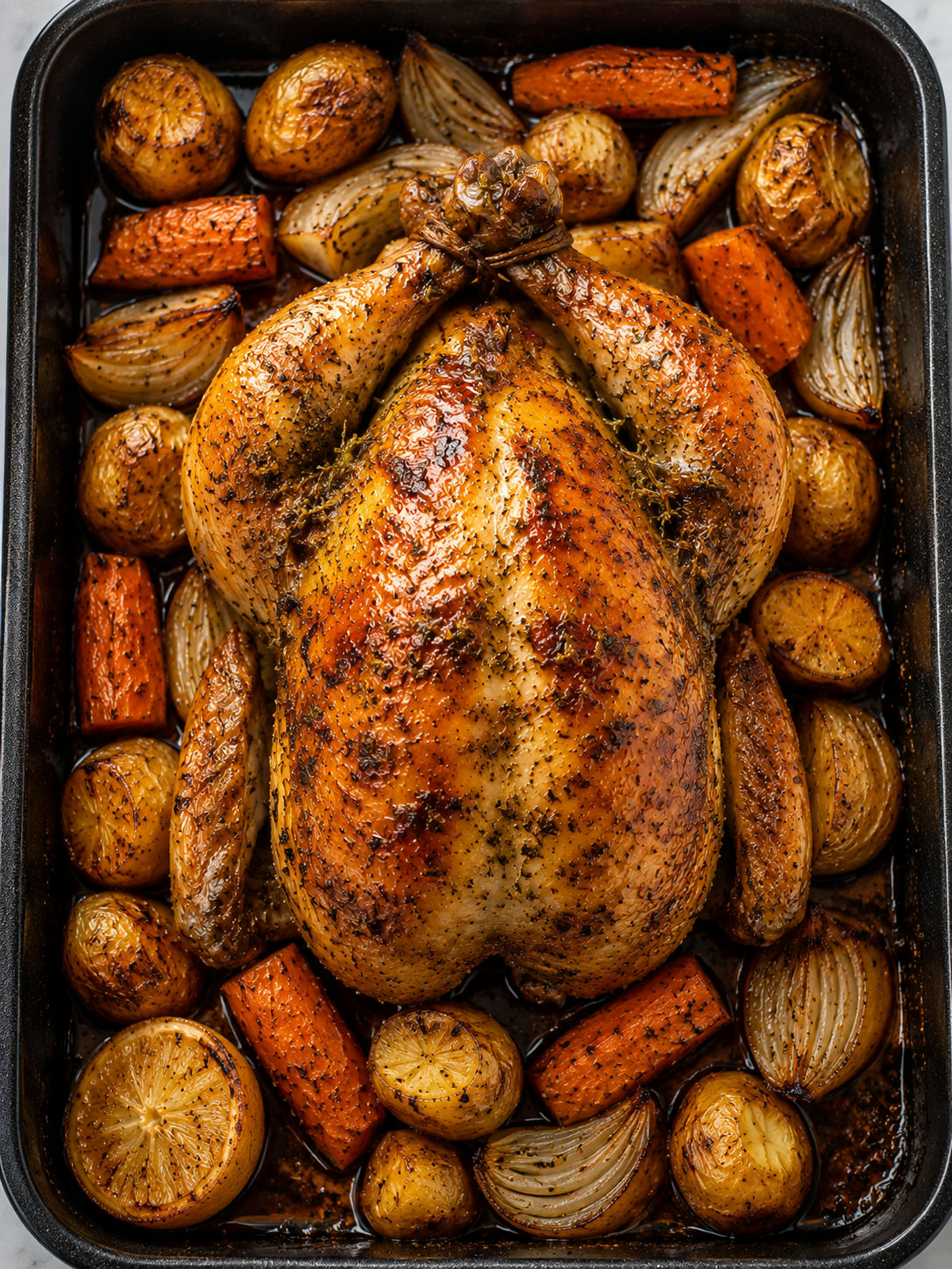 Overhead view of golden herb butter roasted whole chicken surrounded by roasted potatoes and carrots in a dark pan