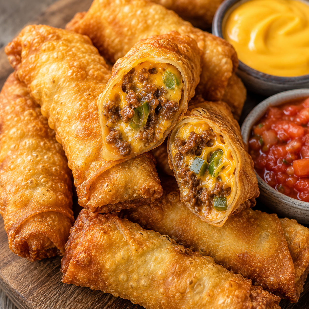 Golden fried nacho egg rolls with cheesy beef filling and dipping sauces
