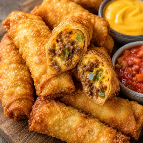 Golden fried nacho egg rolls with cheesy beef filling and dipping sauces