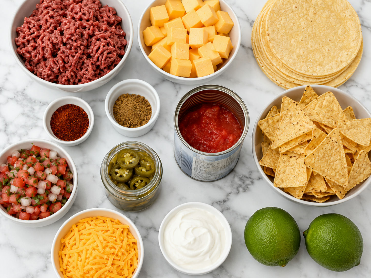 Raw ingredients for nacho tacos including ground beef, Velveeta, corn tortillas, jalapeños, and lime on a wooden board