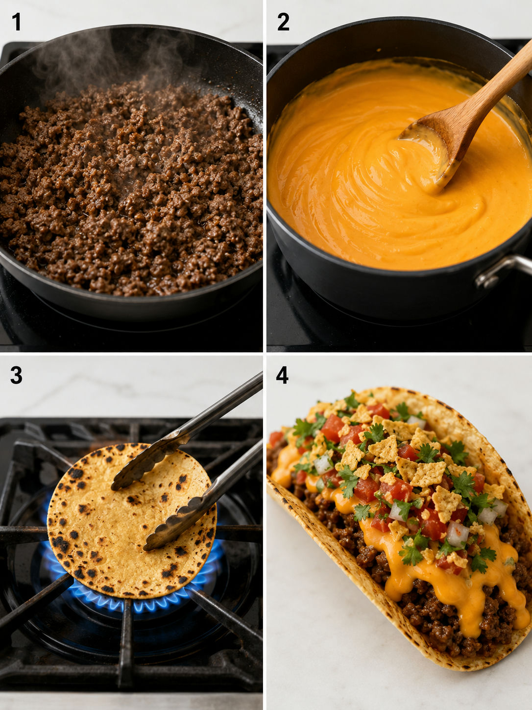 Four cooking steps for nacho tacos from browning beef and melting cheese to charring tortillas and assembling