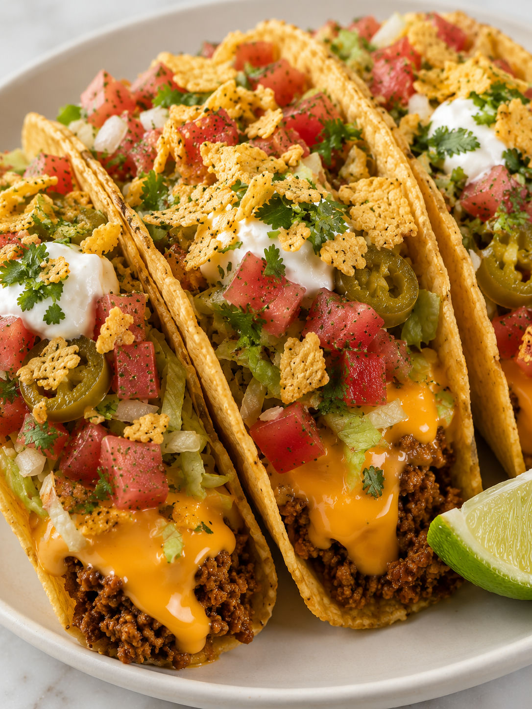 Street-style nacho tacos with cheese drizzle, crushed tortilla chips, pico de gallo, and cilantro