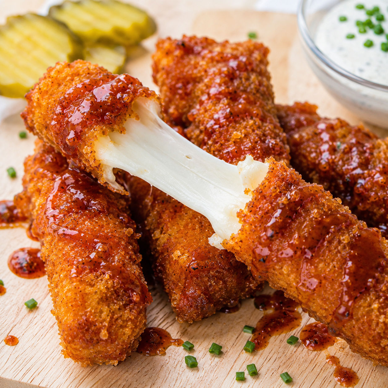 Nashville hot mozzarella sticks with ranch dip and stretchy cheese