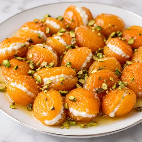 Turkish poached apricots stuffed with ricotta and pistachios