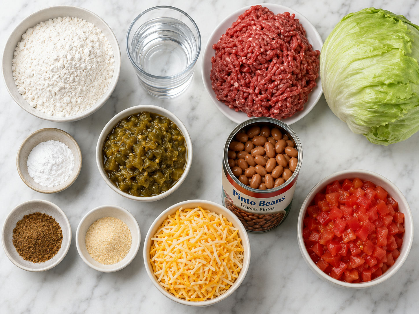 Raw ingredients for Navajo tacos including flour, ground beef, roasted green chiles, pinto beans, cheese, and fresh vegetables on a wooden board